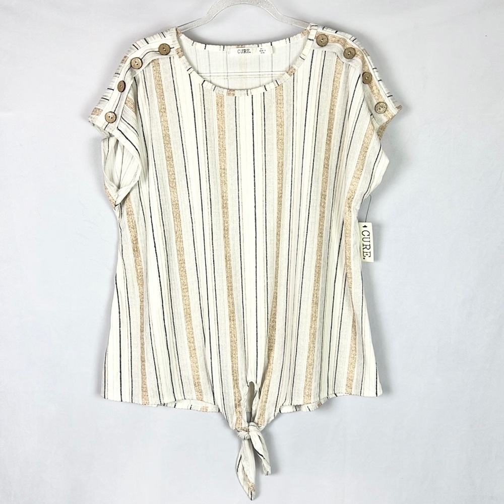 CURE |🍨Cream Beige Striped Buttons Trim Tied-Front Textured Buttons Trim Blouse
